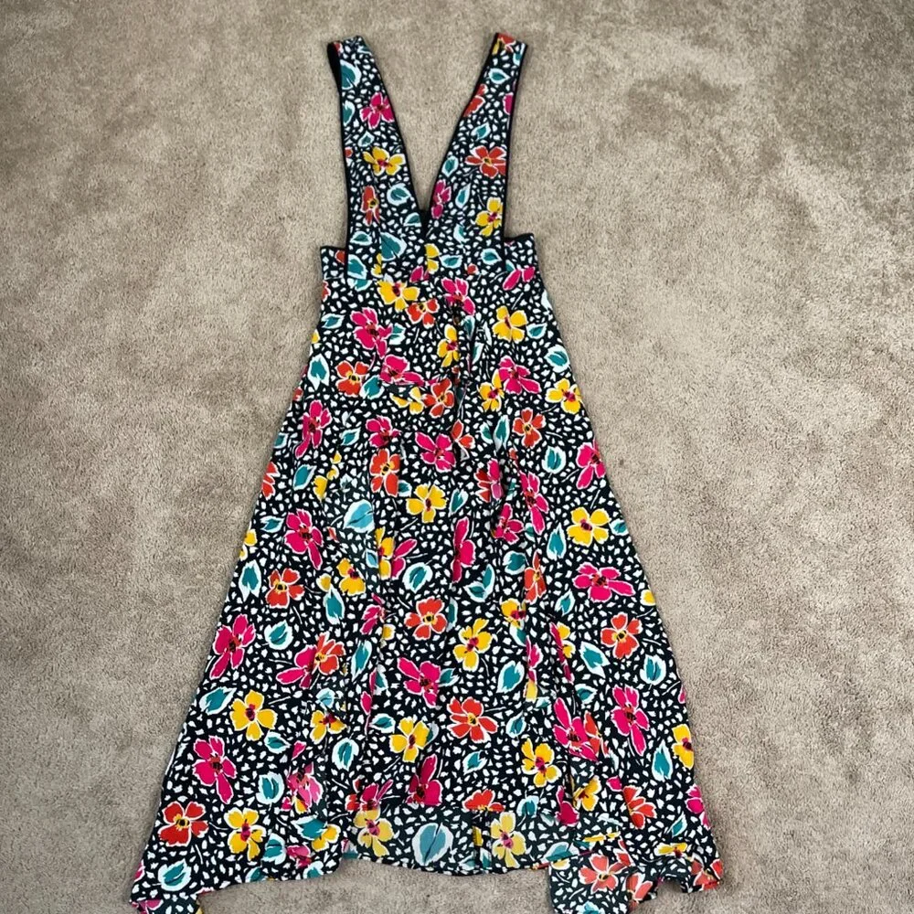 Topshop Dress Womens 6 Black Floral Pinafore Plunging Bloggers Influencer Midi - Picture 4 of 11